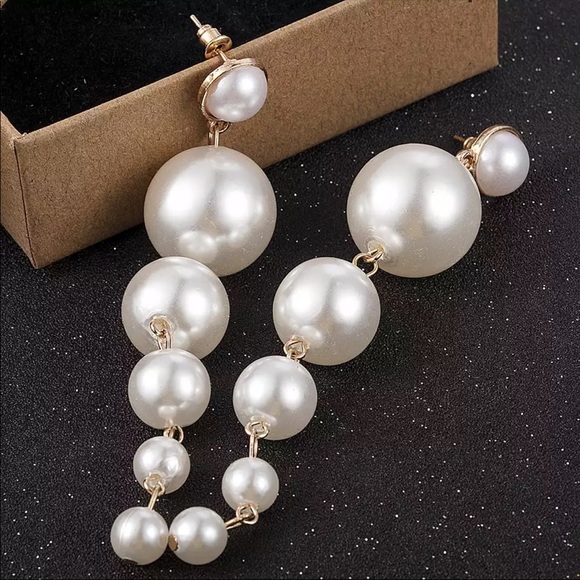 Simulated Pearl Long Created Pearls Earrings - Picture 3 of 3